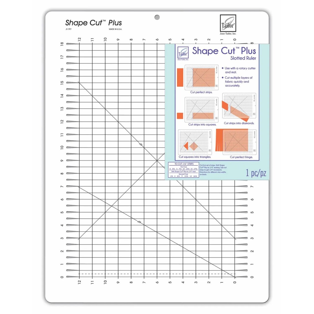 June Tailor Shape Cut™ Plus Ruler – 12" x 18" Quilting Ruler for Cutting Fabric Strips, Squares, Triangles, Hexagons, Bias & Fringe